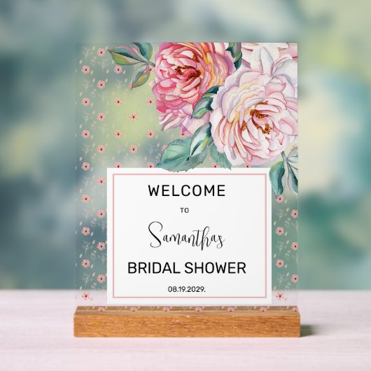 Pink Floral Bridal Shower Welcome アクリルサイン (ニュートラル)