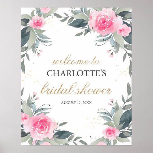 Pink Floral Bridal Shower Welcome Sign ポスター (正面)