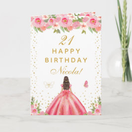 Pink Floral Brunette Hair Girl Birthday カード