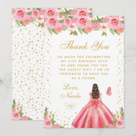 Pink Floral Brunette Hair Princess Birthday Party サンキューカード
