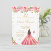 Pink Floral Brunette Hair Princess Birthday Party 招待状 (スタンド正面)