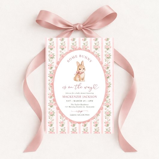 Pink Floral Bunny Baby Shower 招待状