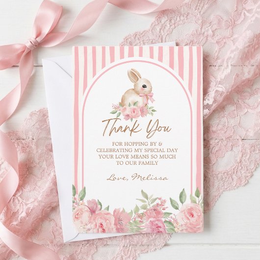 Pink Floral Bunny Bow Birthday Thank You  サンキューカード