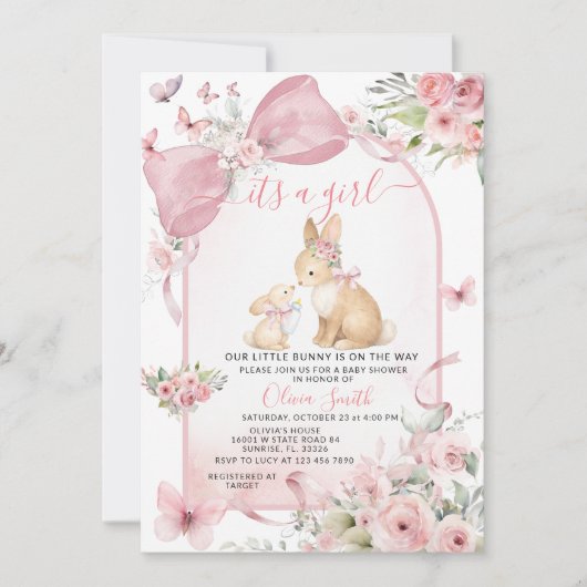 Pink Floral Bunny Pink Bow Baby Shower Invitation 招待状 (正面)