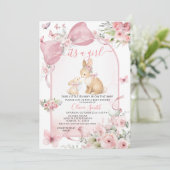 Pink Floral Bunny Pink Bow Baby Shower Invitation 招待状 (スタンド正面)