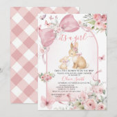 Pink Floral Bunny Pink Bow Baby Shower Invitation 招待状 (正面/裏面)