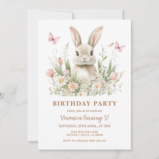 Pink Floral Bunny Rabbit Girl Birthday Party 招待状 (正面)