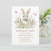 Pink Floral Bunny Rabbit Girl Birthday Party 招待状 (スタンド正面)