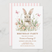 Pink Floral Bunny Rabbit Girl Birthday Party 招待状 (正面/裏面)