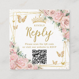 Pink Floral Butterflies Quinceanera RSVP QR Code エンクロージャーカード