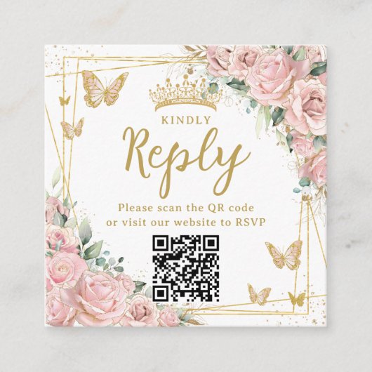 Pink Floral Butterflies Quinceanera RSVP QR Code エンクロージャーカード (正面)