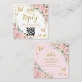 Pink Floral Butterflies Quinceanera RSVP QR Code エンクロージャーカード (正面/裏面)
