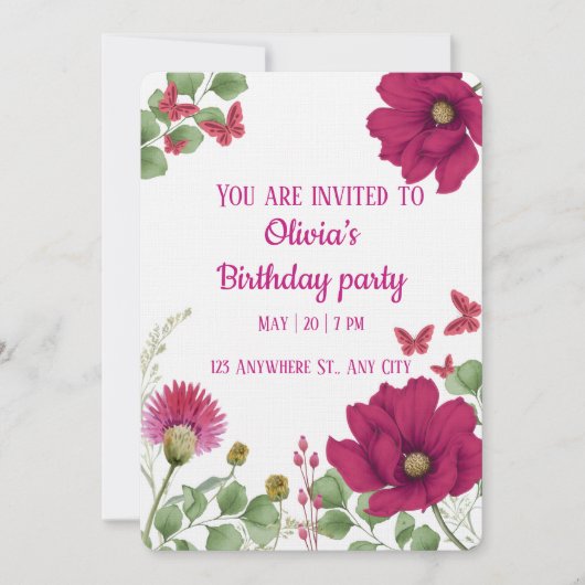 Pink Floral Butterfly  Birthday Invitation 招待状 (正面)