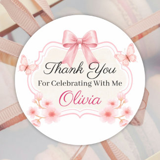 Pink Floral Butterfly Birthday | Personalized ラウンドシール