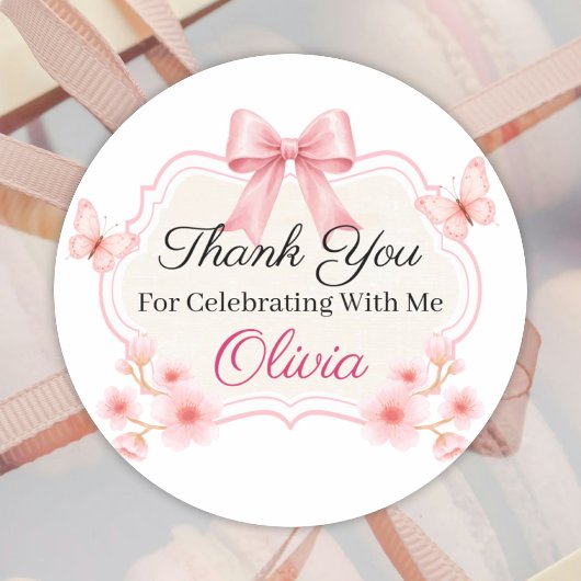 Pink Floral Butterfly Birthday | Personalized ラウンドシール