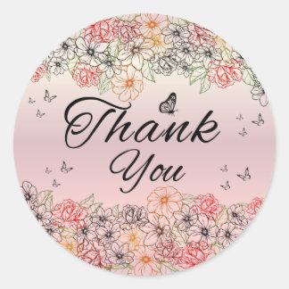 Pink Floral Butterfly Round Thank You Sticker ラウンドシール