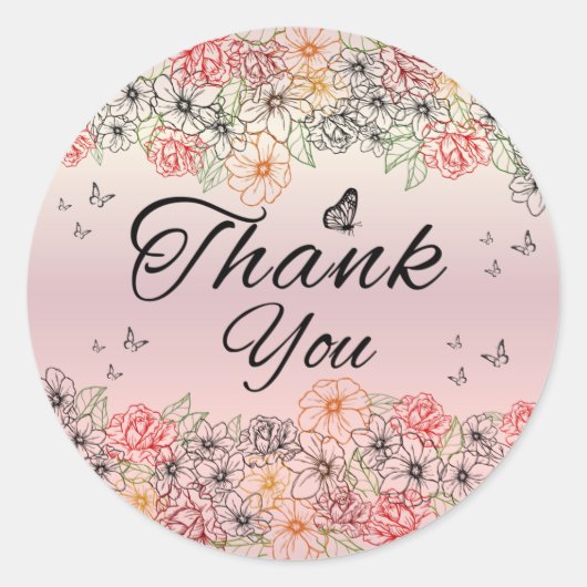 Pink Floral Butterfly Round Thank You Sticker ラウンドシール (正面)