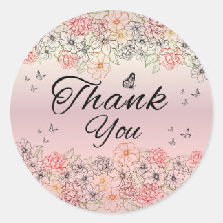 Pink Floral Butterfly Round Thank You Sticker ラウンドシール
