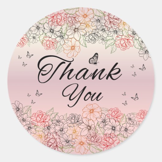 Pink Floral Butterfly Round Thank You Sticker ラウンドシール (正面)