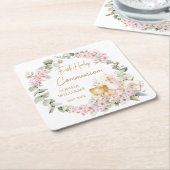 Pink Floral Chalice First Holy Communion  スクエアペーパーコースター (アングル)