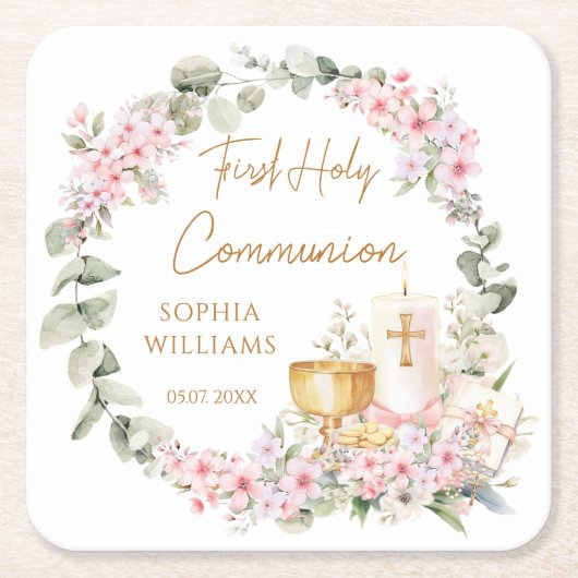 Pink Floral Chalice First Holy Communion  スクエアペーパーコースター (正面)