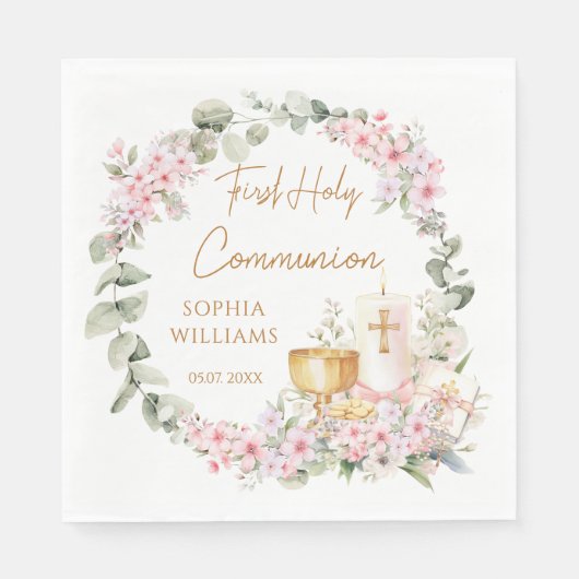 Pink Floral Chalice First Holy Communion  スタンダードランチョンナプキン (正面)
