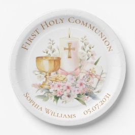 Pink Floral Chalice First Holy Communion  ペーパープレート