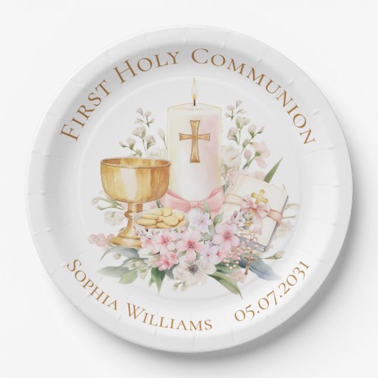 Pink Floral Chalice First Holy Communion  ペーパープレート (正面)