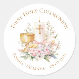 Pink Floral Chalice First Holy Communion  ラウンドシール