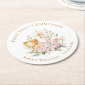 Pink Floral Chalice First Holy Communion  ラウンドペーパーコースター (アングル)