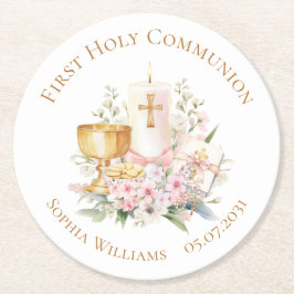 Pink Floral Chalice First Holy Communion  ラウンドペーパーコースター