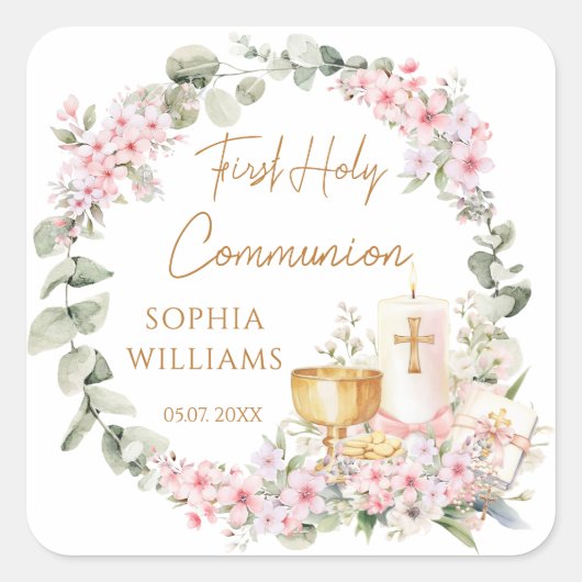 Pink Floral Chalice First Holy Communion Sticker スクエアシール (正面)