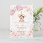 Pink Floral Charra Girl Baptism & First Birthday 招待状 (スタンド正面)