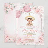 Pink Floral Charra Girl Baptism & First Birthday 招待状 (正面/裏面)