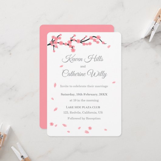 Pink Floral Cherry Blossom Wedding Invitation 招待状 (正面/裏面インサイチュ)
