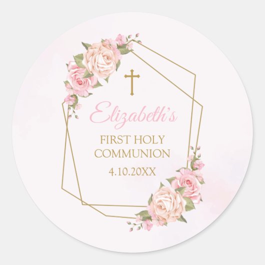 Pink Floral Communion Calcomanía ラウンドシール (正面)