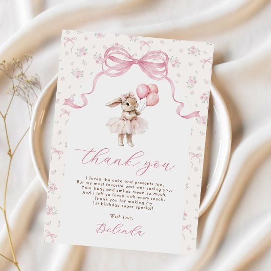 Pink Floral Coquette Bow Bunny 1st Birthday サンキューカード