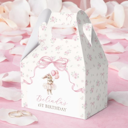 Pink Floral Coquette Bow Bunny 1st Birthday フェイバーボックス (ウェディング)