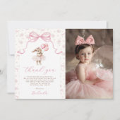 Pink Floral Coquette Bow Bunny 1st Birthday Photo サンキューカード (正面)