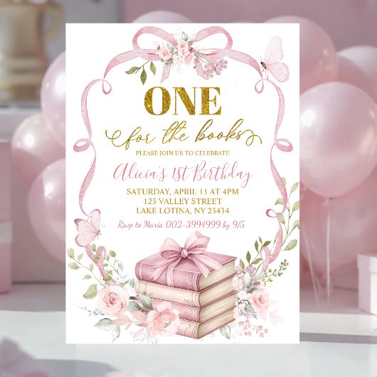 Pink Floral Coquette One for the book birthday 招待状