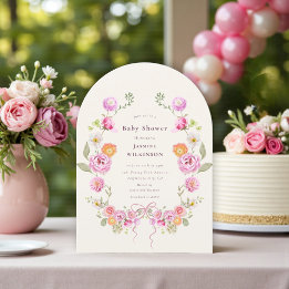 Pink Floral coquette Wreath Baby Shower QR Invite 招待状