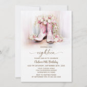 Pink Floral Cowgirl Boots 18th Birthday Party 招待状 (正面)