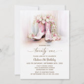 Pink Floral Cowgirl Boots 21st Birthday Party 招待状 (正面)