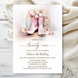 Pink Floral Cowgirl Boots 21st Birthday Party 招待状