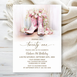 Pink Floral Cowgirl Boots 21st Birthday Party 招待状