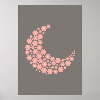 Pink Floral Crescent Moon on Dark Background – Rom ポスター