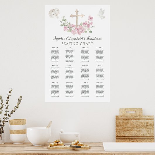 Pink Floral Cross Angel Baptism Seating Chart ポスター (キッチン)