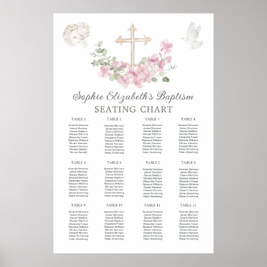 Pink Floral Cross Angel Baptism Seating Chart ポスター (正面)