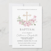 Pink Floral Cross Eucalyptus Leaves Baptism 招待状 (正面)