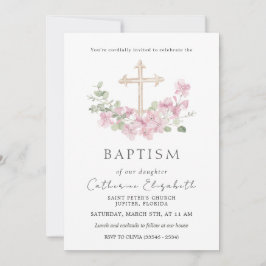 Pink Floral Cross Eucalyptus Leaves Baptism 招待状